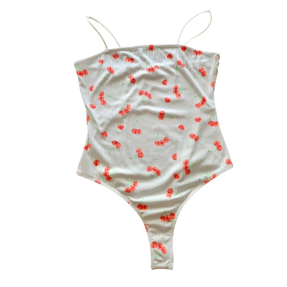Belle Tweed Cherry Print Rib Knit Thong Bodysuit Snap Closure White Women's XL